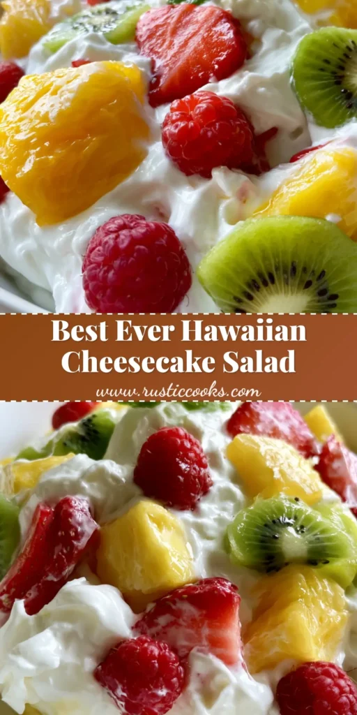 A large white ceramic bowl filled with creamy Hawaiian Cheesecake Salad featuring pineapple, strawberries, kiwi, and raspberries on a wooden table.