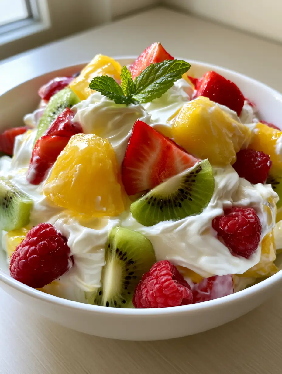 A top-down shot of the glossy cheesecake cream coating fresh tropical fruits in a white bowl. (Hawaiian Cheesecake Salad)