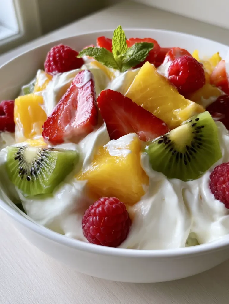 Close up view of kiwi half-moons and raspberries folded into cheesecake cream. (Hawaiian Cheesecake Salad)