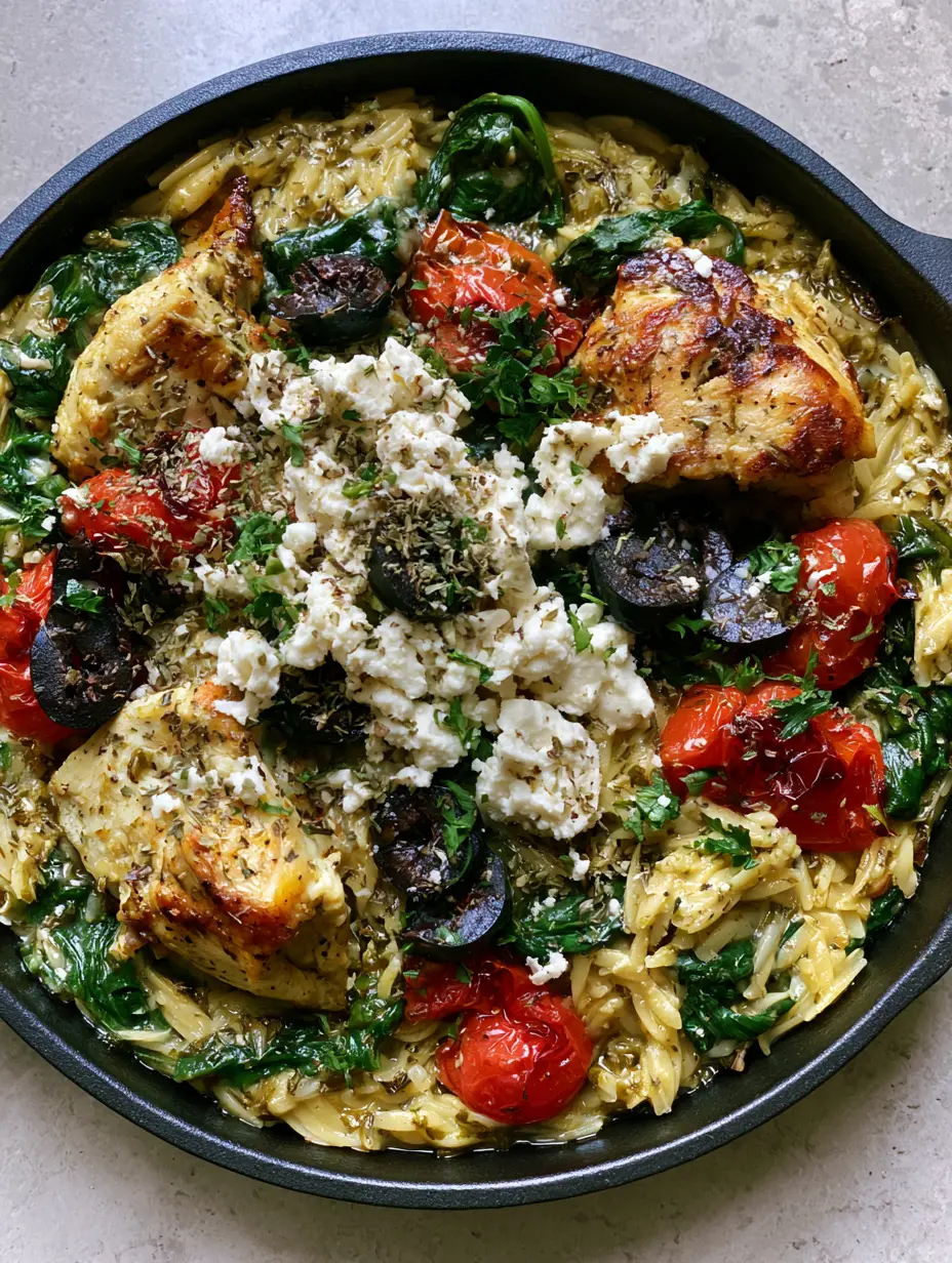 Overhead handheld shot of a cast iron skillet with golden chicken chunks, orzo pasta, spinach, and bright red tomatoes. (Mediterranean Chicken Orzo)