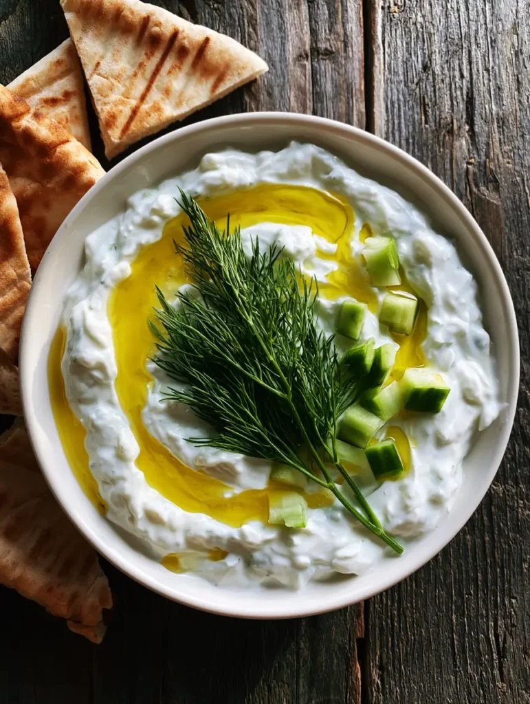 Authentic Greek Tzatziki Recipe served in a white bowl next to lightly charred triangular pita bread wedges on a rustic dark surface.