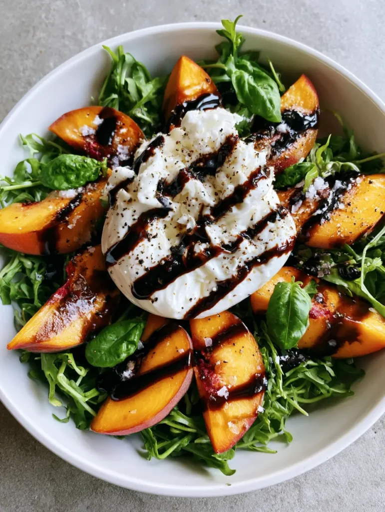 A side-angle shot of Peach Burrata Salad showing the thick zig-zag of balsamic glaze over arugula and fruit.