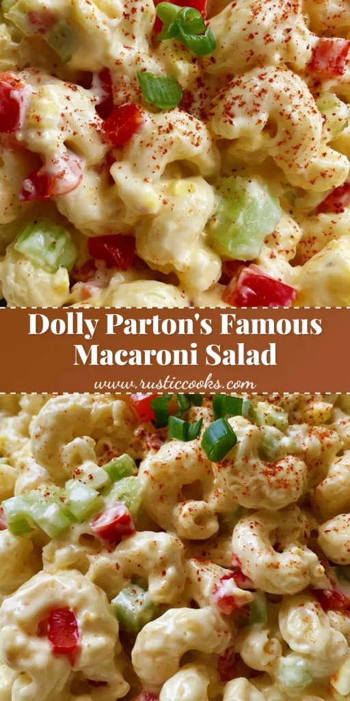 A vibrant top-down shot of Dolly Parton Macaroni Salad in a white bowl, showing the thick glossy dressing and red peppers. (Dolly Parton Macaroni Salad)