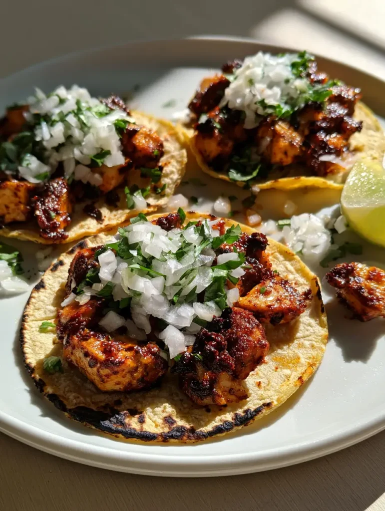 Chicken Street Tacos: Authentic Grilled Flavor in Every Bite 1 Three street tacos on charred corn tortillas with lime wedges on a light wooden table. (Chicken Street Tacos)