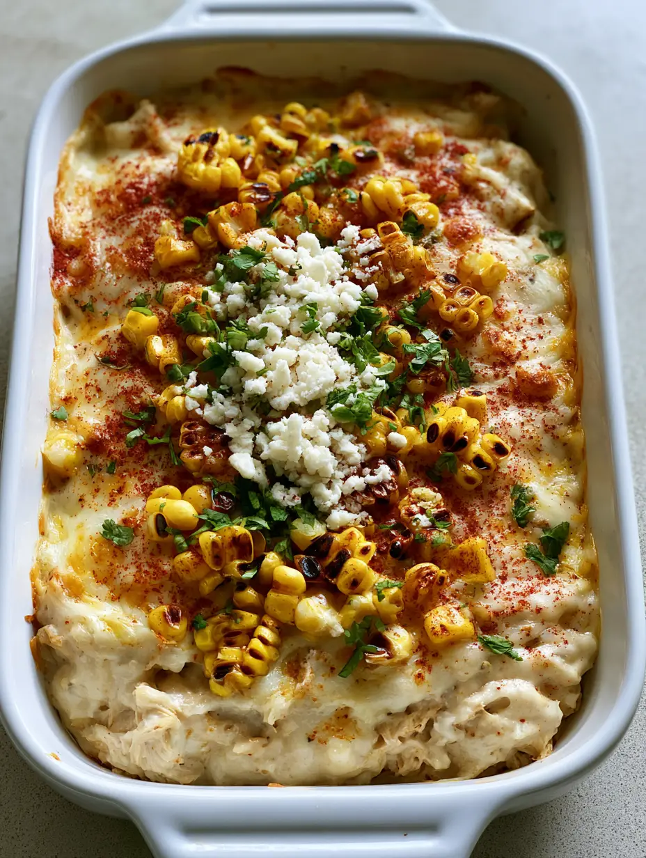 Overhead smartphone photo of a rectangular white ceramic baking dish containing Street Corn Chicken Casserole with melted mozzarella and charred corn.