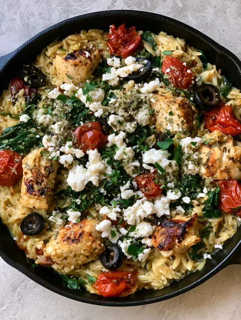 Close-up of matte white feta and sliced Kalamata olives topping a Mediterranean Chicken Orzo dish in a rustic skillet.