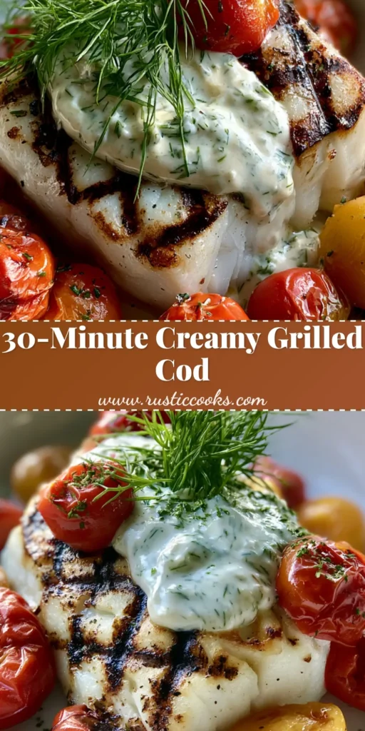 A perfectly plated Grilled Cod with Dill Sauce featuring dark char marks and vibrant blistered red and yellow tomatoes in a white bowl.