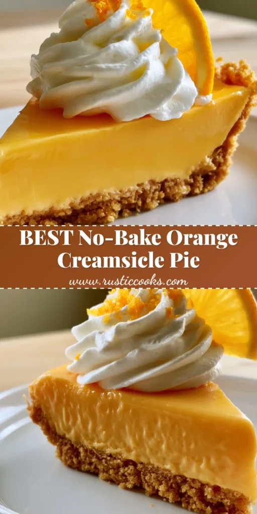 A close-up vertical shot of a slice of Orange Creamsicle Pie with a thick orange filling and a stiff whipped cream swirl, garnished with a fresh orange slice.