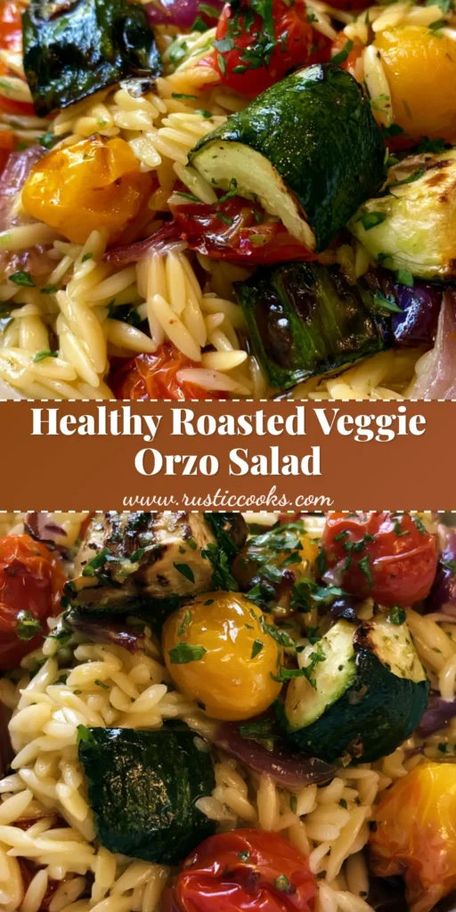 A top-down view of a Roasted Vegetable Orzo Salad in a white bowl, showing charred zucchini chunks and blistered red tomatoes.