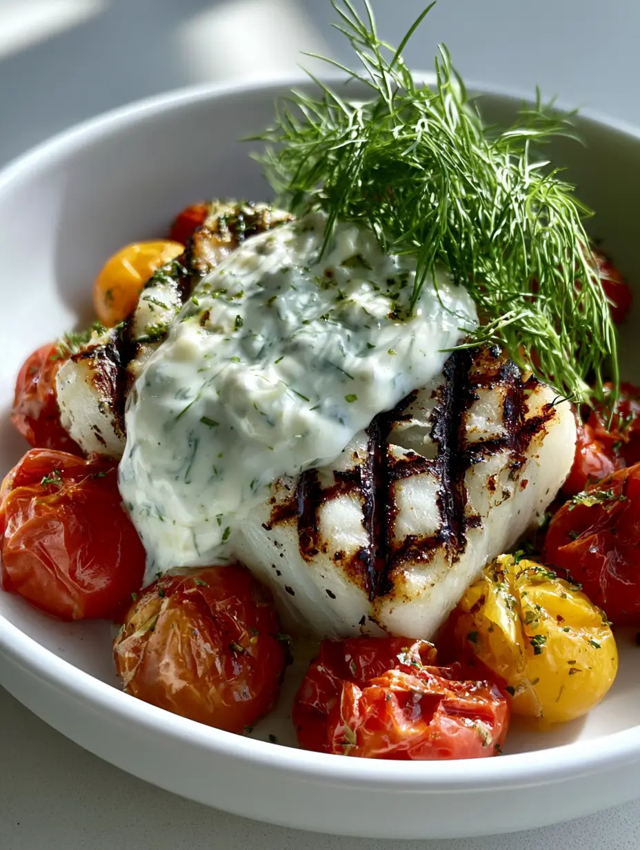Close-up handheld photo of flakey Grilled Cod with Dill Sauce showing charred grill lines and burst cherry tomatoes.