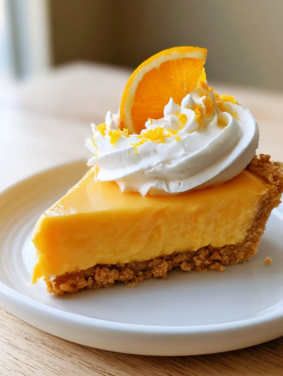A slice of Orange Creamsicle Pie on a white plate, showing the matte vibrant orange filling and compressed golden cookie crust. (Orange Creamsicle Pie)