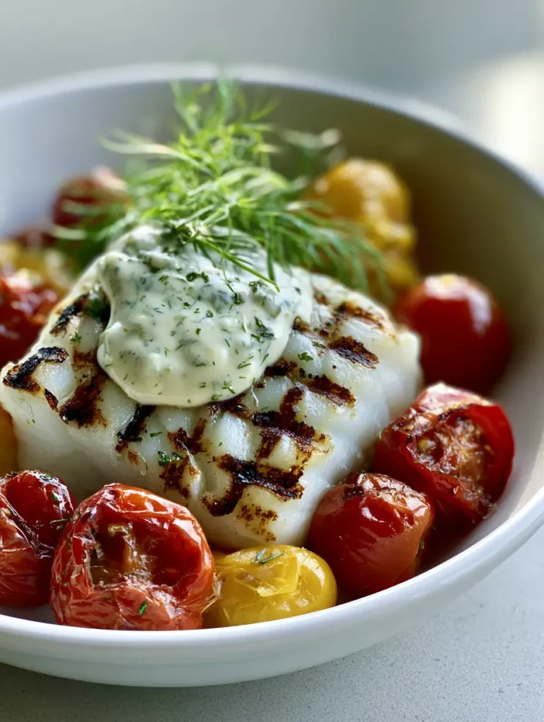 Handheld smartphone shot of Grilled Cod with Dill Sauce in a shallow white ceramic bowl with soft natural lighting.