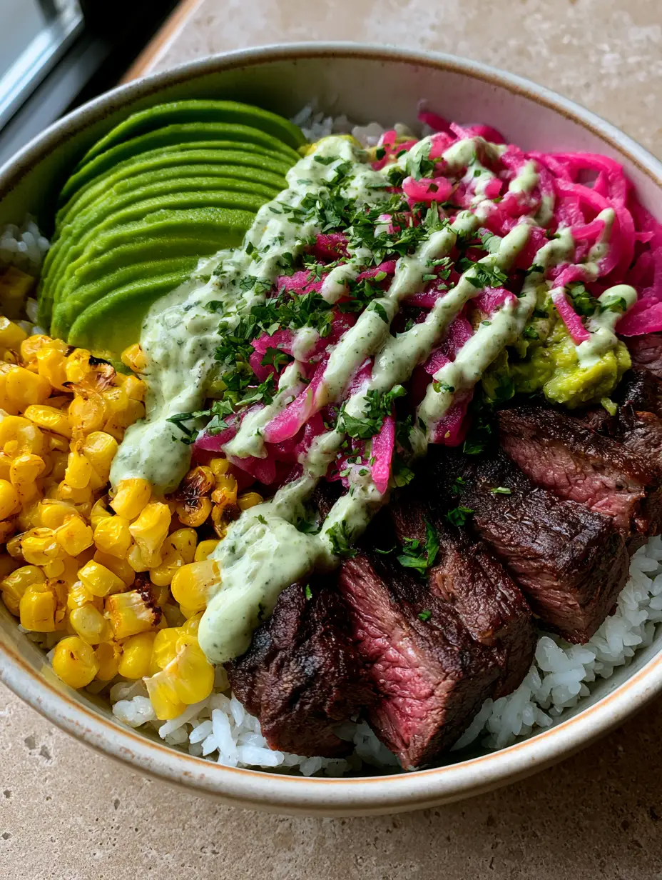 Close up of a Steak and Avocado Rice Bowl showing the dark brown crust on seared sirloin slices and bright green cilantro sauce.