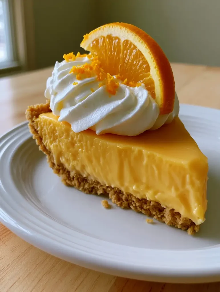 Top-down view of an Orange Creamsicle Pie slice on a light wooden table, highlighting the fine orange zest flakes and stiff whipped cream swirl.