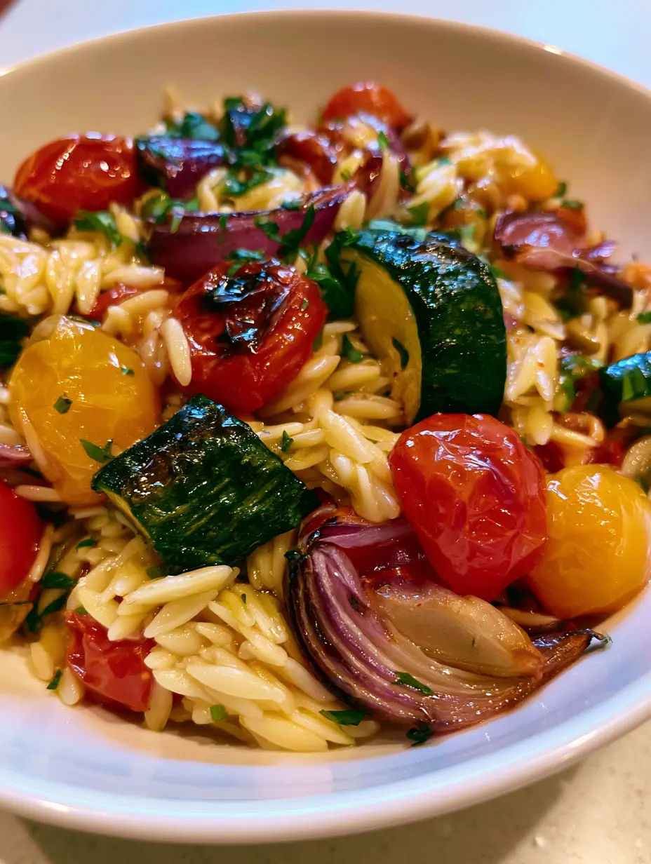Handheld smartphone photo of a shallow white bowl with Roasted Vegetable Orzo Salad featuring ivory pasta and charred green zucchini.