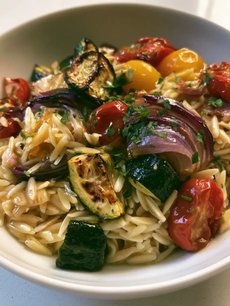Detailed view of blistered yellow cherry tomatoes and caramelized red onions mixed into a Roasted Vegetable Orzo Salad.