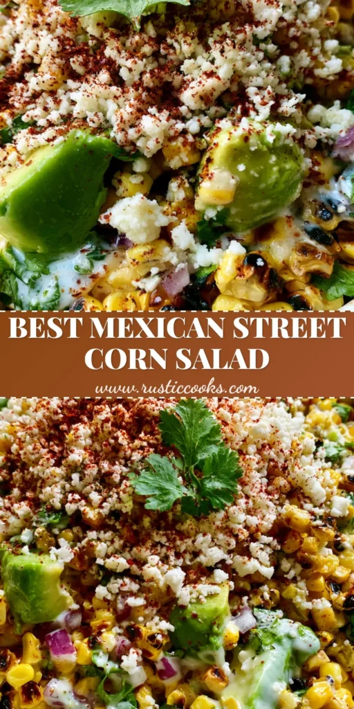 A vibrant Mexican Street Corn Salad in a white bowl, featuring charred corn, creamy avocado chunks, and a heavy dusting of cotija cheese.