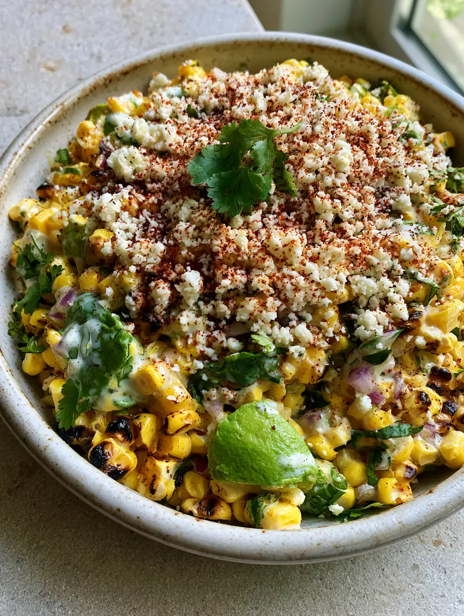 Close-up of Mexican Street Corn Salad showing distinct dark charred edges on corn kernels and creamy lime crema coating.