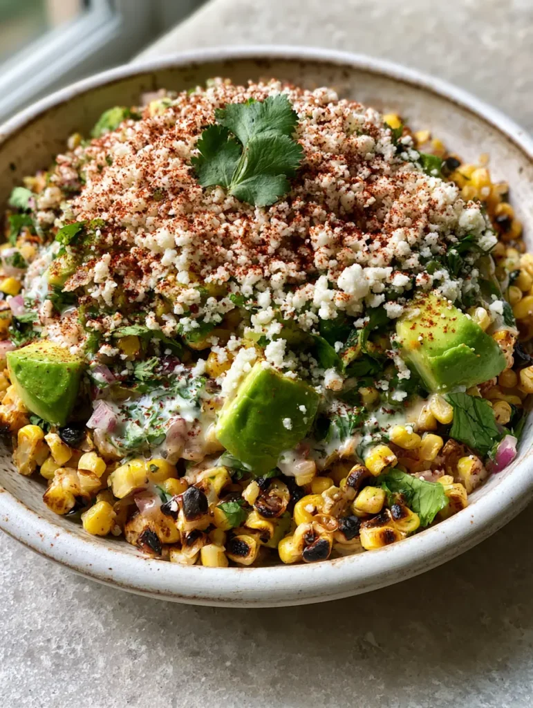 A top-down view of Mexican Street Corn Salad garnished with ancho chili powder and a single cilantro sprig on a grey stone countertop.