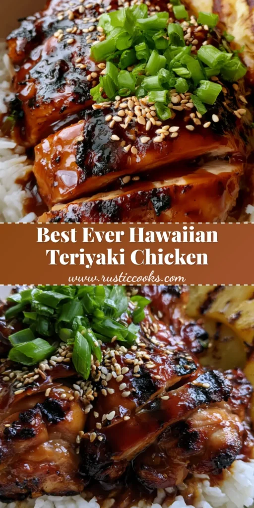 Hawaiian Teriyaki Chicken: The Ultimate Glossy Grilled Island Feast 4 A close-up shot of sliced Hawaiian Teriyaki Chicken with deep char marks and glossy glaze over jasmine rice with grilled pineapple.