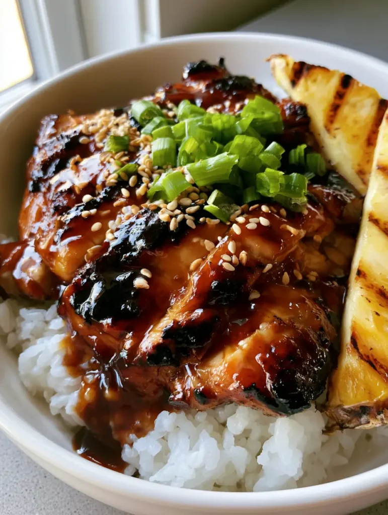 A handheld smartphone photo of sliced grilled chicken thighs with dark amber glaze and green scallions. (Hawaiian Teriyaki Chicken)