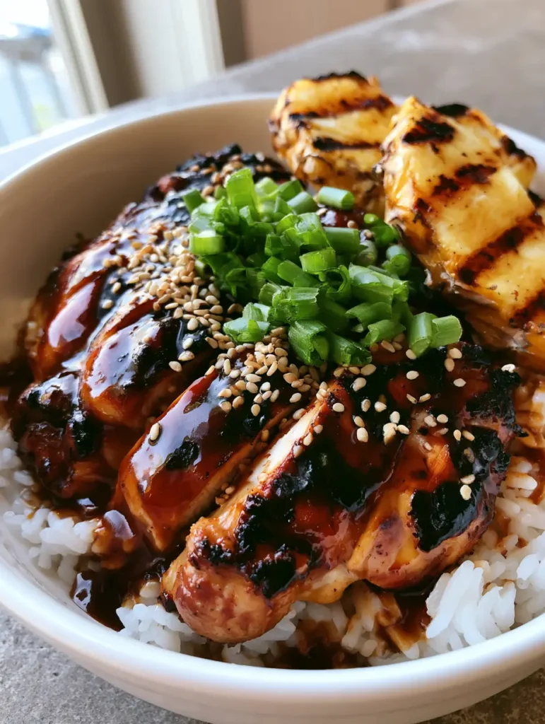 Hawaiian Teriyaki Chicken: The Ultimate Glossy Grilled Island Feast 1 Grilled pineapple rings with caramelized edges beside teriyaki chicken. (Hawaiian Teriyaki Chicken)