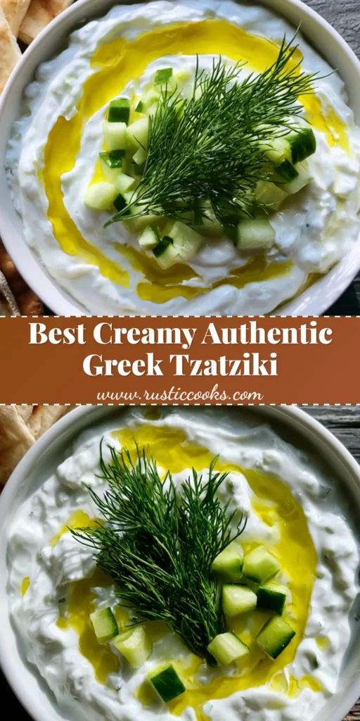 A top-down Pinterest pin showing a white bowl of Authentic Greek Tzatziki Recipe with a golden olive oil swirl and charred pita wedges on a dark wood table.