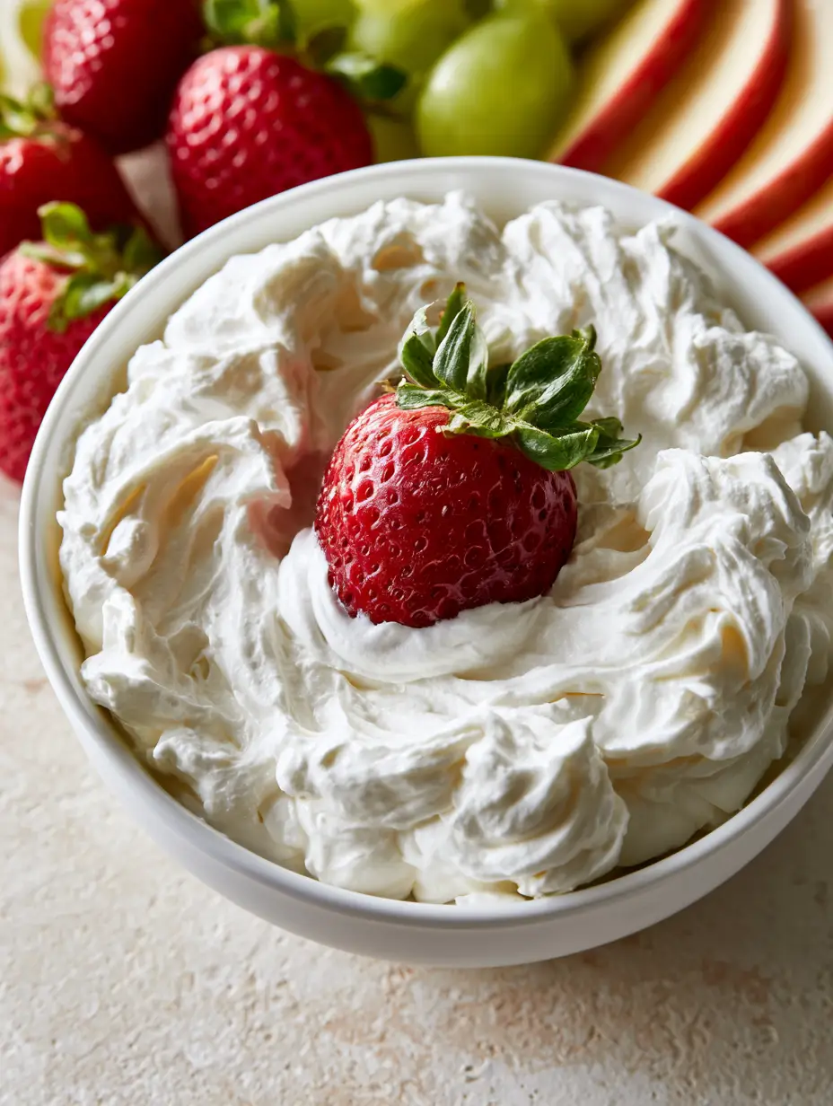High-angle shot of thick white marshmallow cream cheese dip with soft peaks and fresh strawberries. (Marshmallow Cream Cheese Fruit Dip)