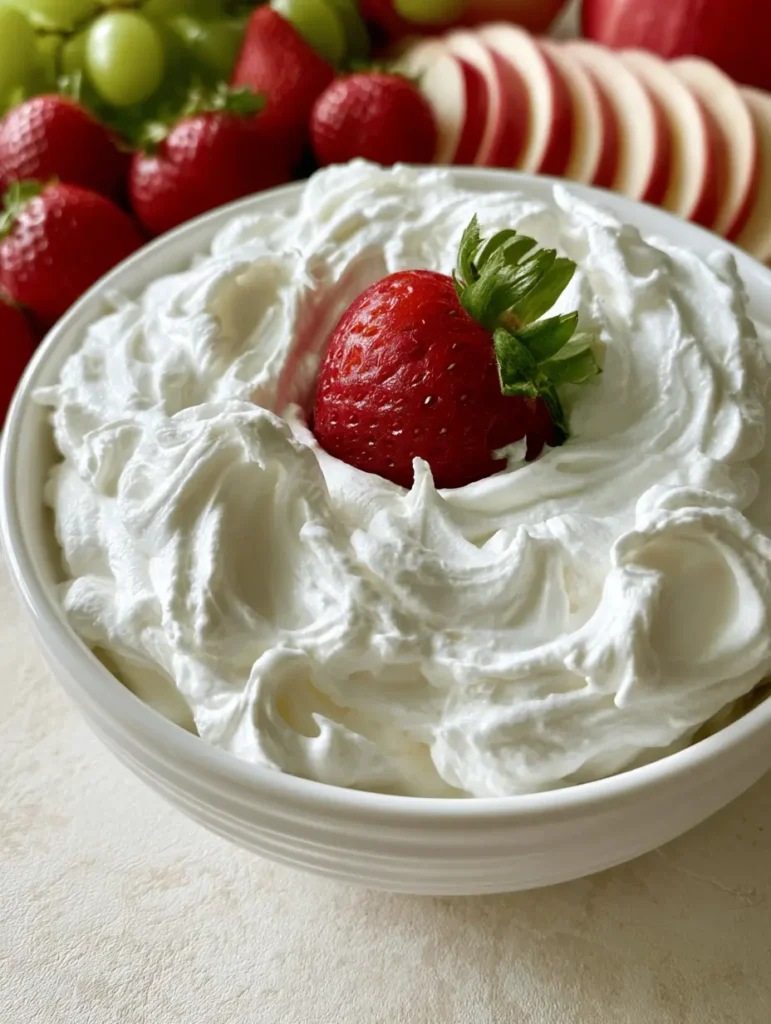 Close up of a vibrant red strawberry dipped into a thick white marshmallow cream cheese fruit dip.