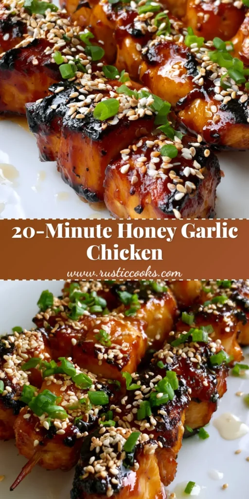 Honey Garlic Chicken Skewers: The Ultimate Sticky Grilled Glaze Recipe 4 Three grilled Honey Garlic Chicken Skewers with glossy amber glaze, toasted sesame seeds, and green onions on a white plate.