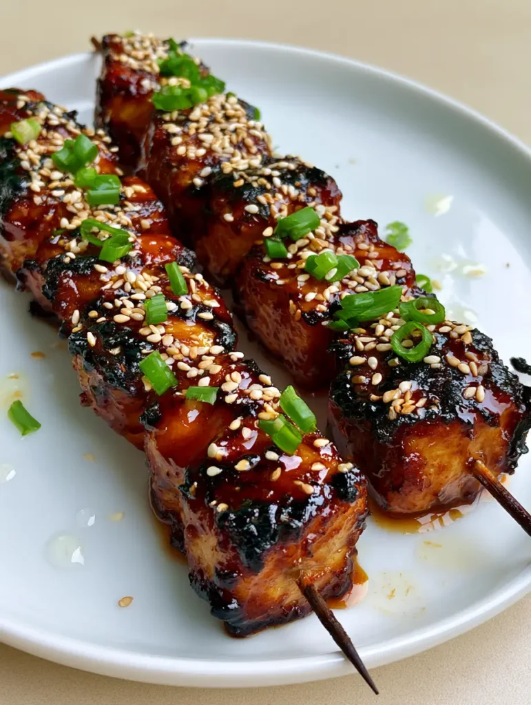 Honey Garlic Chicken Skewers: The Ultimate Sticky Grilled Glaze Recipe 1 Handheld photo of three honey garlic chicken skewers garnished with sesame seeds and scallions.