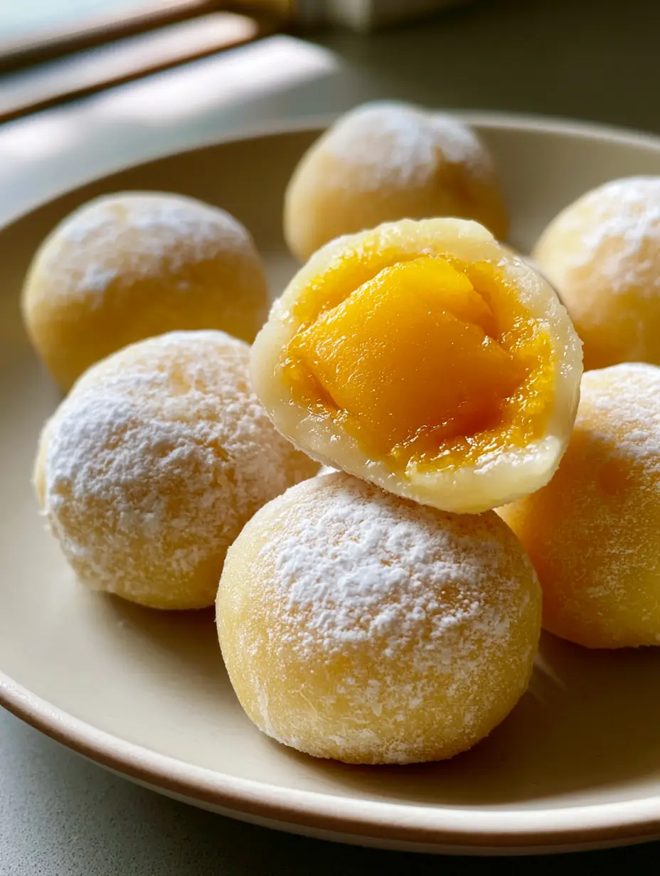 A handheld smartphone photo of fresh Homemade Mango Mochi spheres on a ceramic plate, highlighting the pale yellow dough and cornstarch coating.