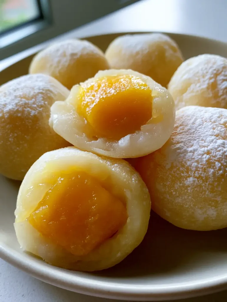 A close-up of a sliced Homemade Mango Mochi showing the deep orange mango interior and translucent pale yellow casing.