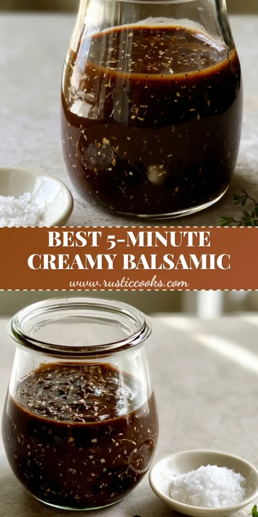 A thick, emulsified Creamy Balsamic Dressing in a clear glass jar on a grey stone surface with salt, peppercorns, and thyme.