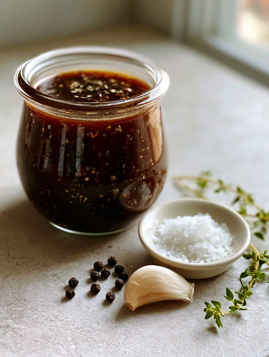 Close-up of a glass jar filled with thick, chocolate brown Creamy Balsamic Dressing showing herb flakes and cracked pepper.