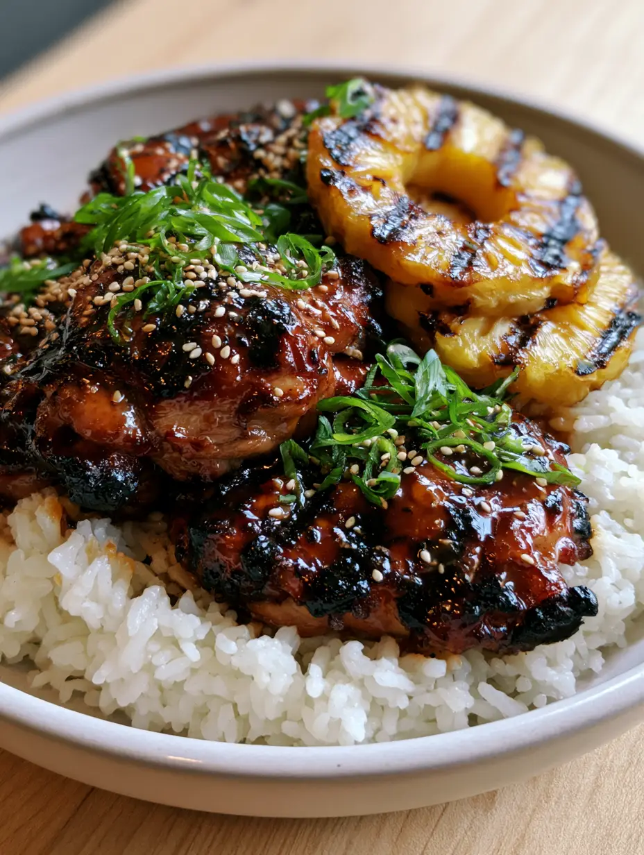 Juicy grilled Huli Huli Chicken thighs showing deep black grill marks and a thick pineapple soy glaze. (Huli Huli Chicken)