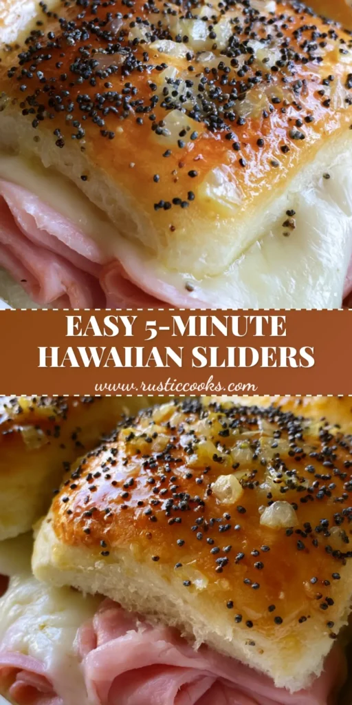 A stack of glossy Hawaiian Ham and Cheese Sliders in a white dish, showing melted Swiss cheese and folded ham.