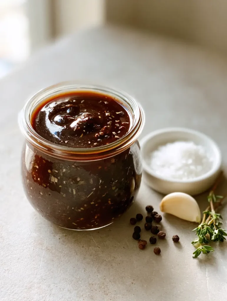 Creamy Balsamic Dressing in a glass jar alongside fresh thyme, whole garlic, and coarse sea salt on a minimalist background.