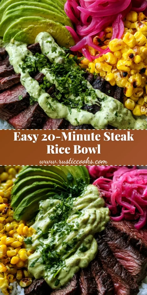 A vibrant Steak and Avocado Rice Bowl in a ceramic dish with seared sirloin, fanned avocado, charred corn, and pickled red onions.