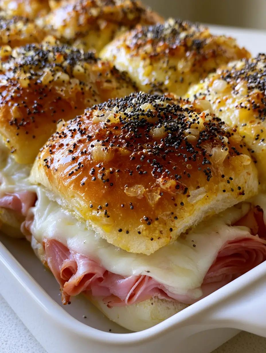 Close-up of golden brown Hawaiian Ham and Cheese Sliders with poppy seeds and melted Swiss cheese. (Hawaiian Ham and Cheese Sliders)