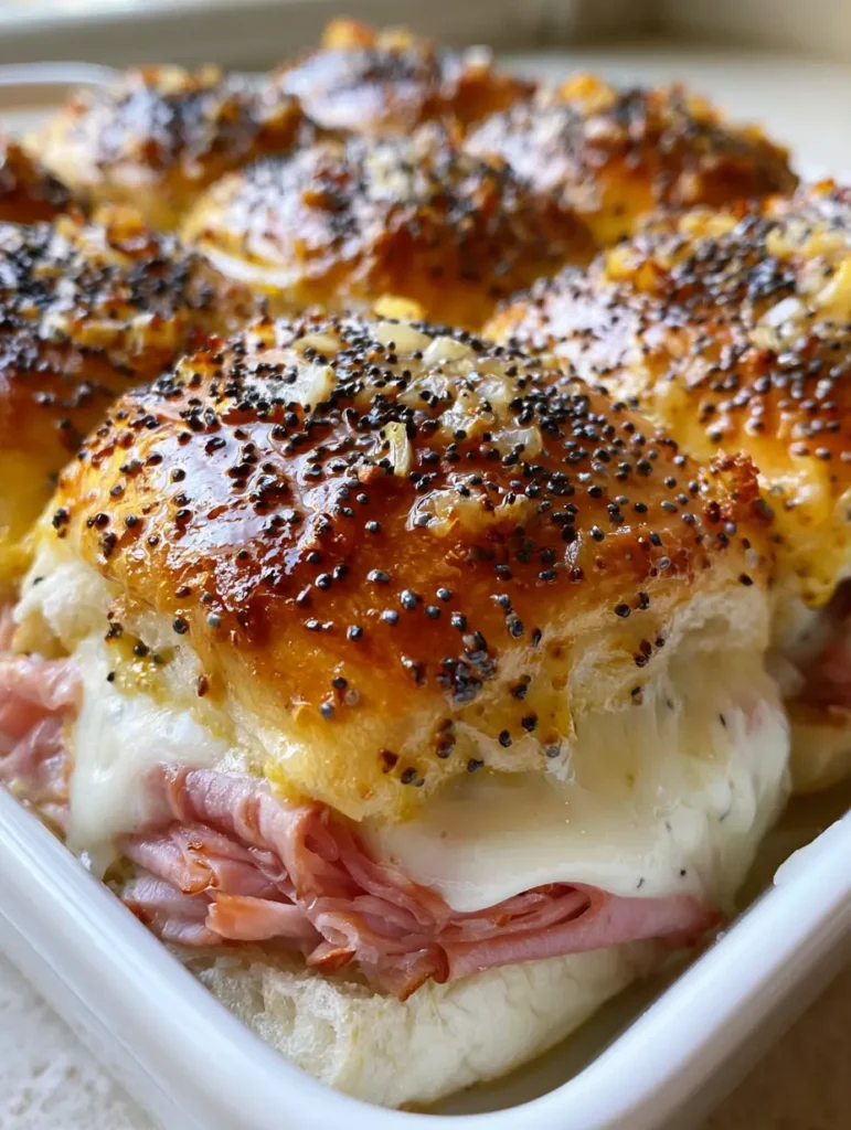 Side view of Hawaiian Ham and Cheese Sliders showing the thick layer of melted white Swiss cheese and pink ham.