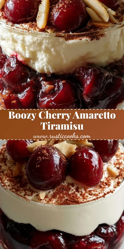 A vertical shot of Cherry Amaretto Tiramisu in a glass with layers of espresso ladyfingers, dark red cherries, and white mascarpone cream.
