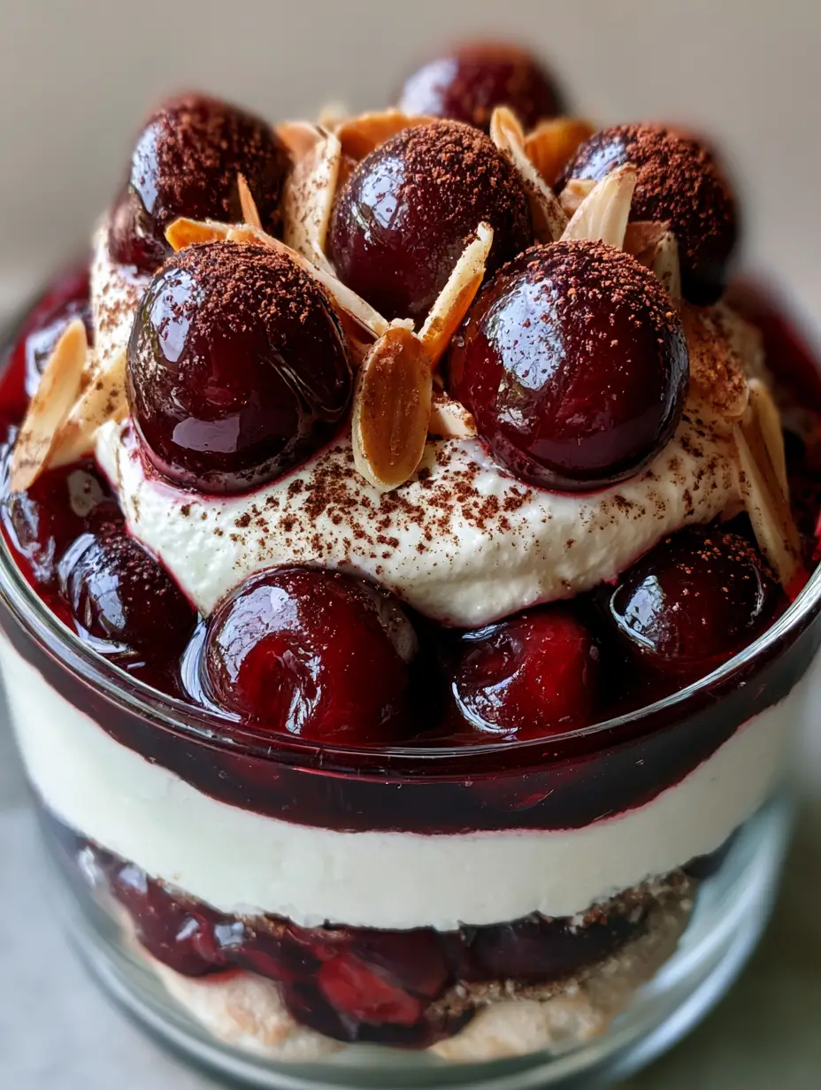 Close up photo of Cherry Amaretto Tiramisu in a clear glass vessel with glossy cherry compote and toasted almonds.