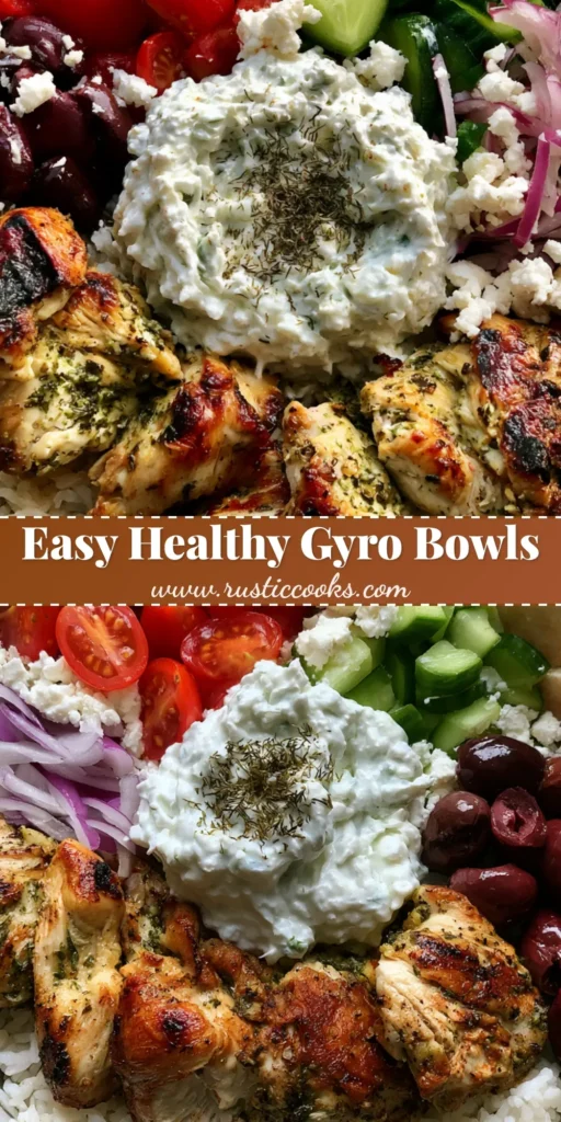 Chicken Gyro Bowls with Golden Charred Chicken and Creamy Tzatziki 4 A beautiful overhead view of Greek Chicken Gyro Bowls featuring charred chicken, fluffy rice, and fresh vegetables in a ceramic dish. (Chicken Gyro Bowls)