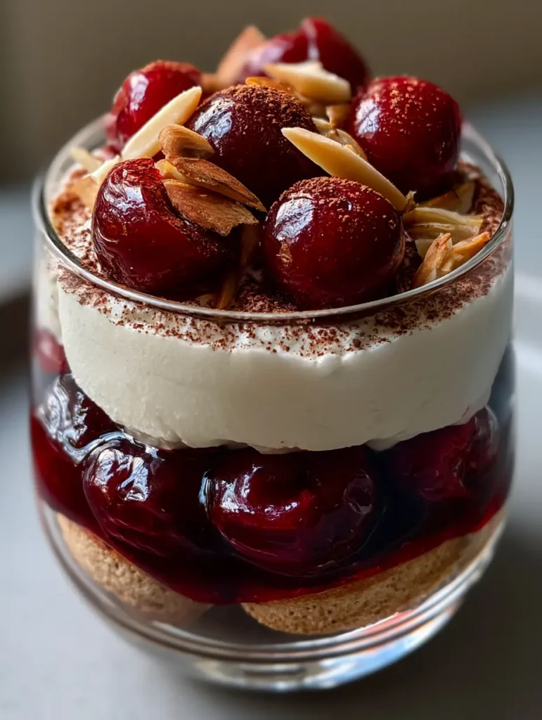 A smartphone photo looking down at a Cherry Amaretto Tiramisu topped with espresso powder and slivered almonds.