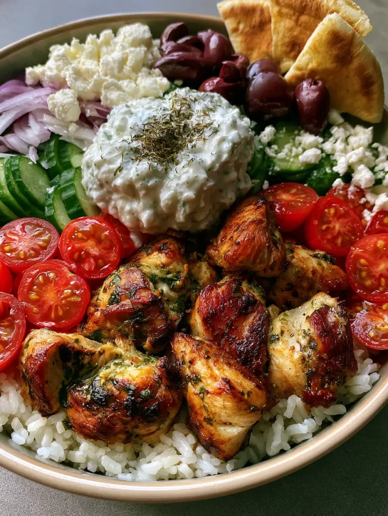 Close-up of seared herb-seasoned chicken breast and fresh cucumbers in a Greek bowl. (Chicken Gyro Bowls)