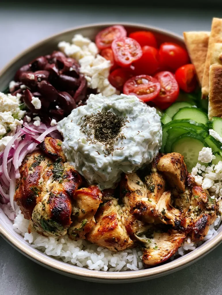 Chicken Gyro Bowls with Golden Charred Chicken and Creamy Tzatziki 1 Full shot of the Chicken Gyro Bowls showing the thick tzatziki dollop garnished with dried dill and pita triangles.