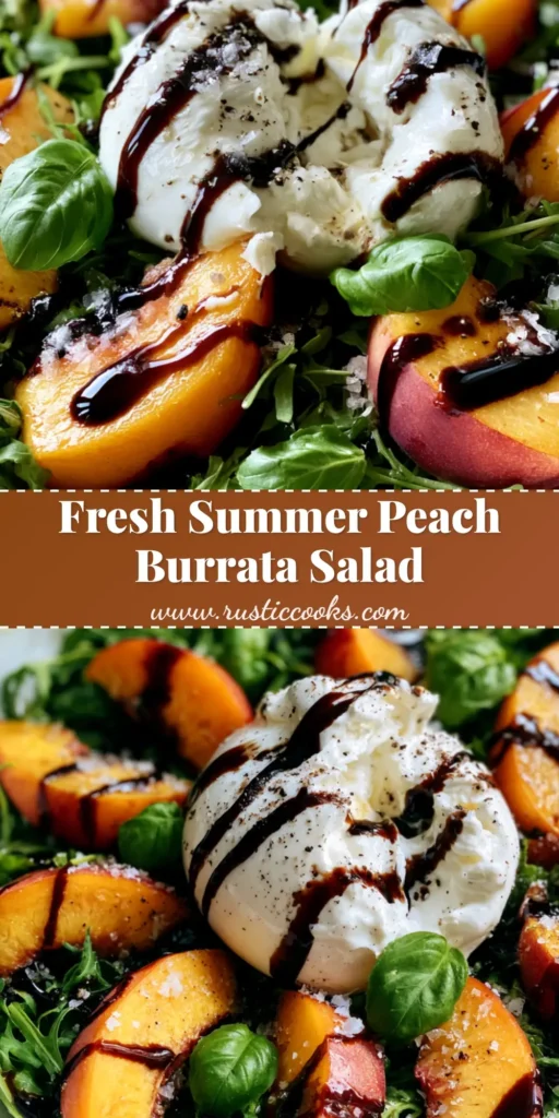 A top-down view of a Peach Burrata Salad on a white bowl with a grey stone background, featuring torn burrata, peach wedges, and a balsamic drizzle.
