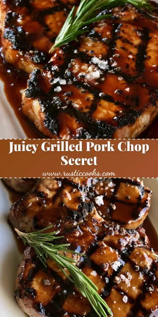 Grilled Pork Chop Marinade: The Secret to Juicy, Amber-Glazed Chops 4 A tall Pinterest pin showing three thick-cut pork chops with cross-hatch grill marks and an amber glaze on a white platter. Text: Best Grilled Pork Chop Marinade.