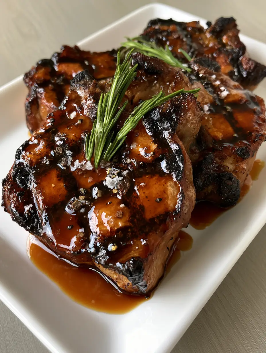 Grilled Pork Chop Marinade: The Secret to Juicy, Amber-Glazed Chops 3 Top-down shot of three thick-cut grilled pork chops with balsamic amber glaze and rosemary sprigs. (Grilled Pork Chop Marinade)
